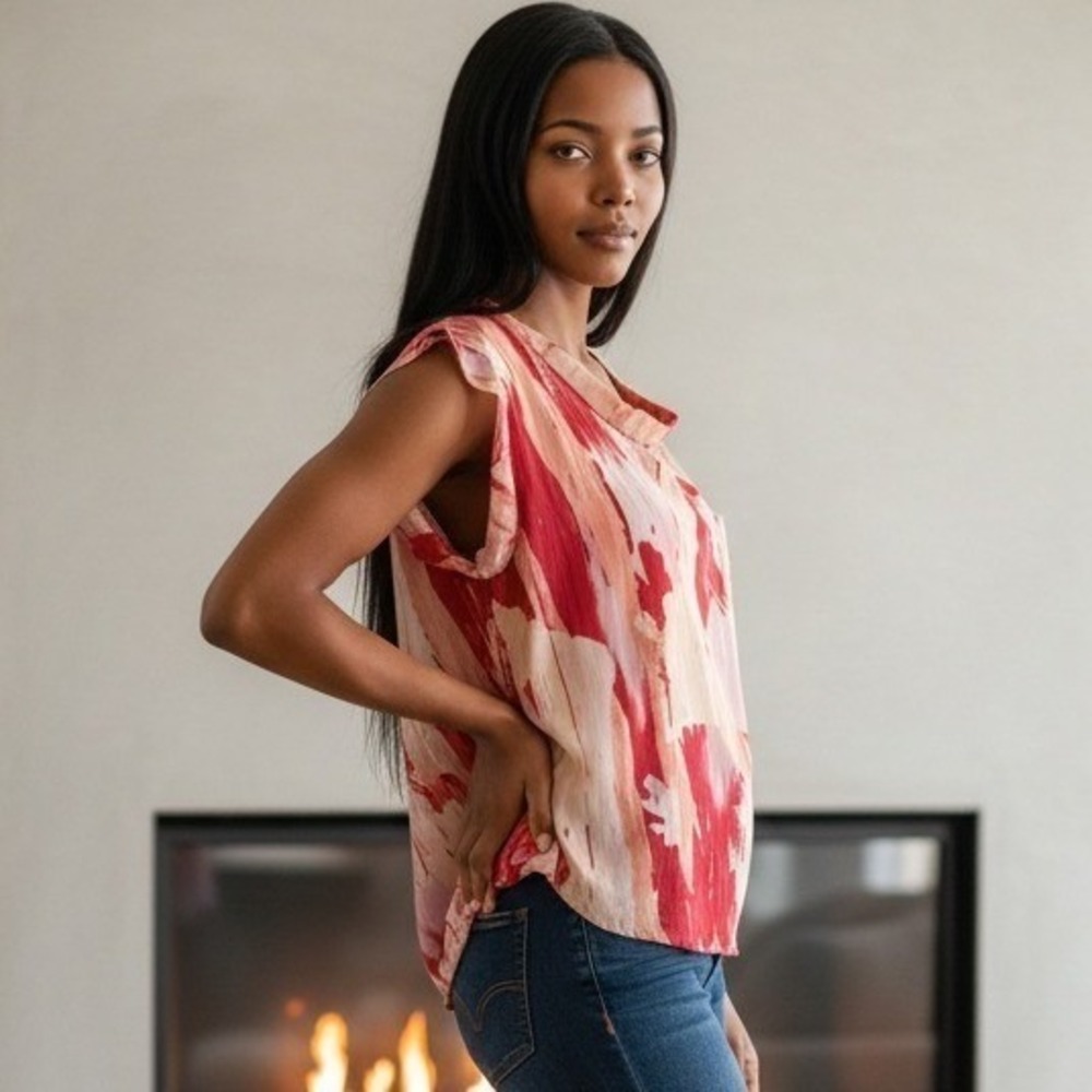 Hale Bob M Abstract Brushstroke Asymmetrical Hem Cap Sleeve Top Red Tan Med - Picture 4 of 11